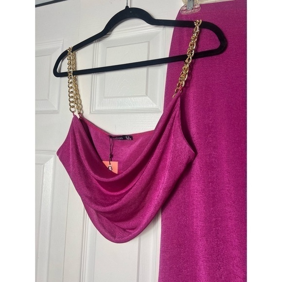 Boohoo Pink Textured Slinky Chain Strap Crop Top & Ruched Skirt Set Size 12 L - Picture 5 of 6
